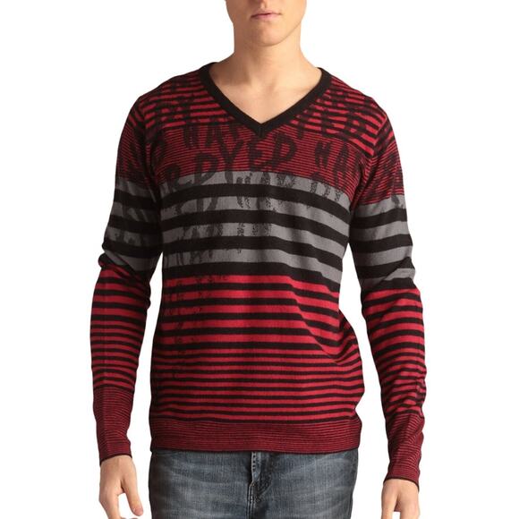 Ed Hardy by Christian Audigier Unisex Striped V-Neck Wool Sweater Size Large NWT - Picture 1 of 9